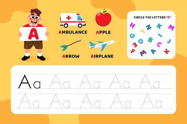 Educational letter a worksheet with illustrations