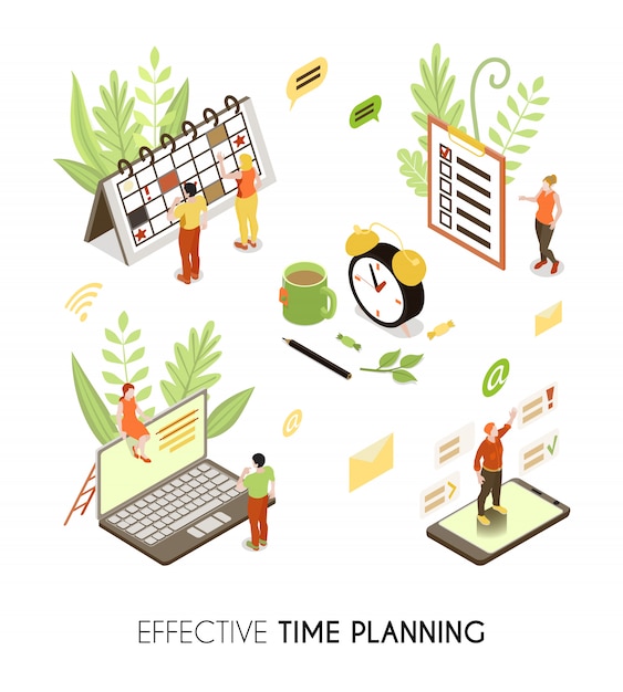 Free Vector effective time planning isometric background with people making business schedule and routine management