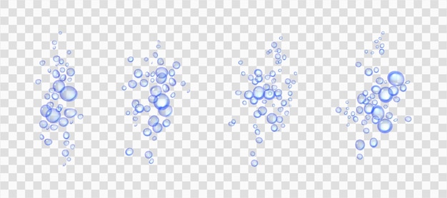 Effervescent water or oxygen fizz blue air bubbles realistic 3d vector illustration Moving underwater fizzing Champagne or soda drink design elements isolated on transparent background