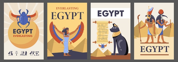 Egypt posters set. Egyptian pyramids, cats, gods, Isis, scarab vector illustrations with text. Templates for travel flyers or brochures