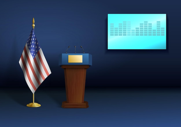 Free Vector elections voting realistic composition with indoor stage view american flag screen and tribune for public speech vector illustration