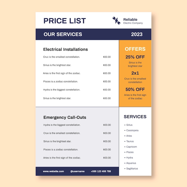 Electric company price list template