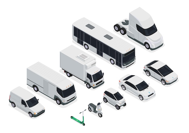 Free Vector electric transport isometric icons set with electromobiles buses and motorbikes isolated vector illustration