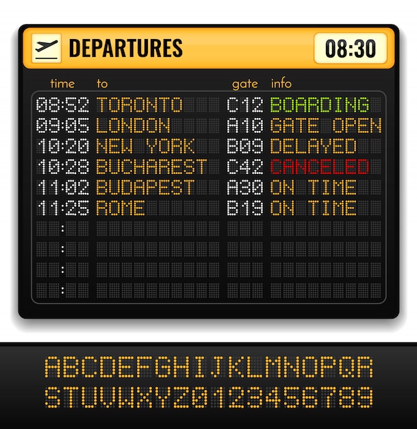 Free Vector electronic airport board realistic composition with yellow alphabets on board and departures info illustration