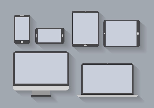 Free Vector electronic devices with blank screens. smartphones, tablets, computer monitor, netbook.