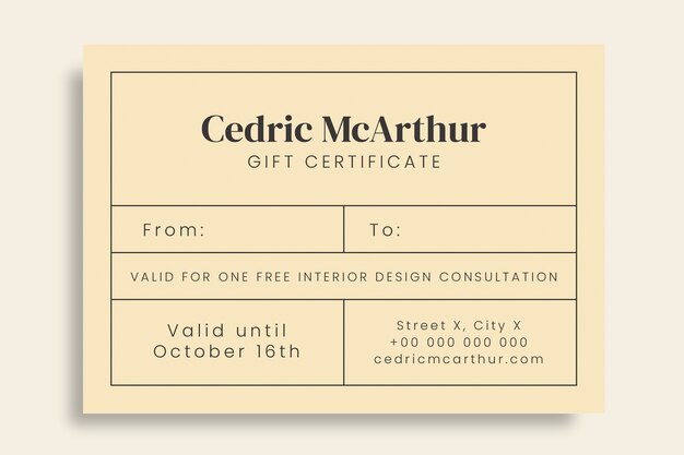 Elegant cedric mcarthur interior design gift certificate template