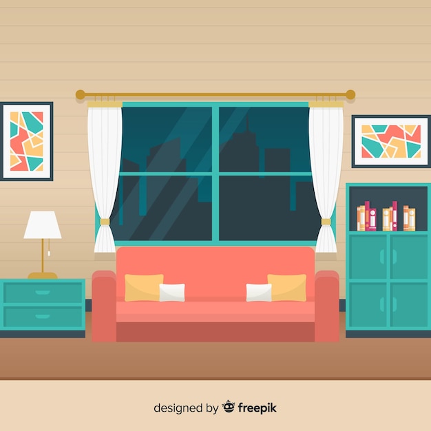 Free Vector elegant living room interior with flat design