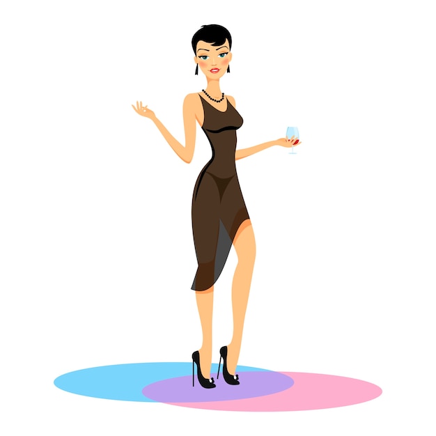 Free vector elegant shapely young beauty in a stylish black evening dress with a glass of wine in her hand