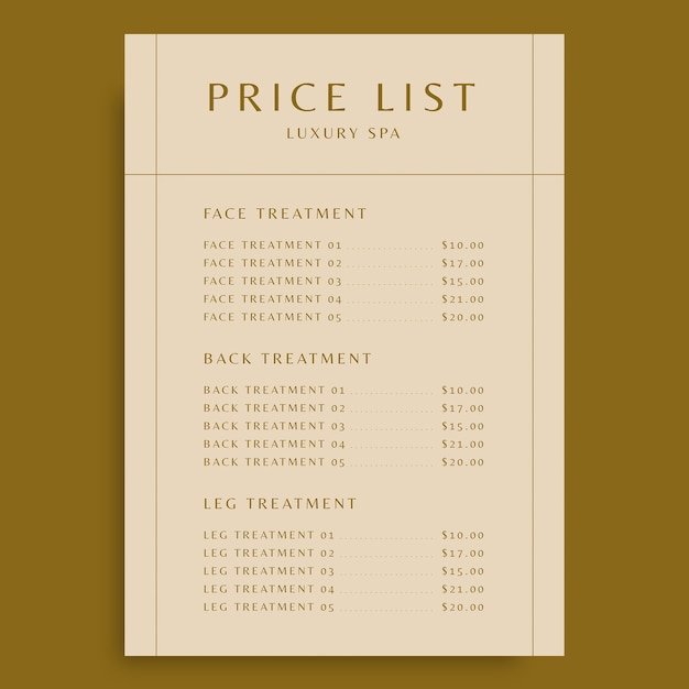 Elegant spa price list