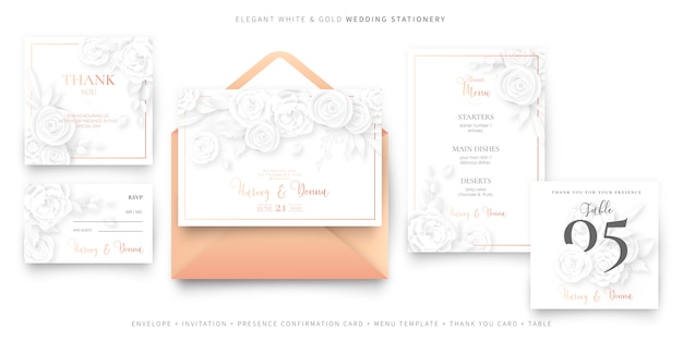 Free vector elegant wedding invitation card template with envelope, stationery set