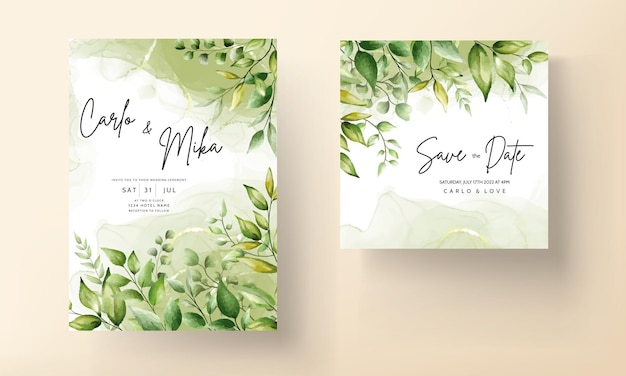 Elegant wedding invitation card with beautiful watercolor leaves