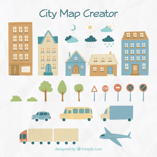 Elements to create a city, hand drawn