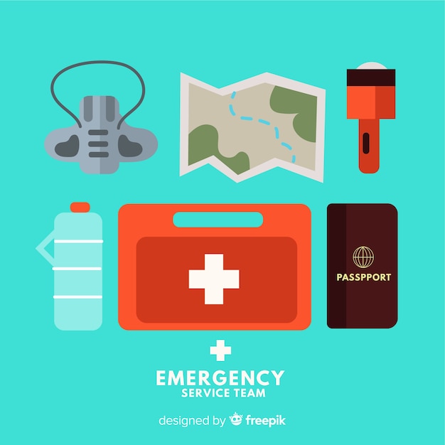 Free vector emergency survival kit with flat design