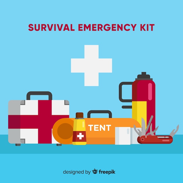 Free vector emergency survival kit with flat design