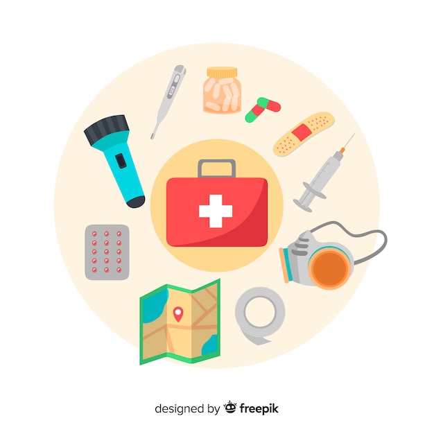 Free vector emergency survival kit with flat design