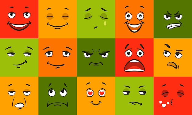 Emoticons with different mood and emotions set. Vector illustrations of cute characters for avatars. Cartoon color collection of abstract faces with eyes and mouth. Smiley, caricature concept