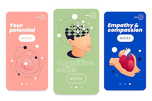 Free Vector emotional intelligence thinking mental concepts isometric set of vertical banners with molecule heart and head images vector illustration