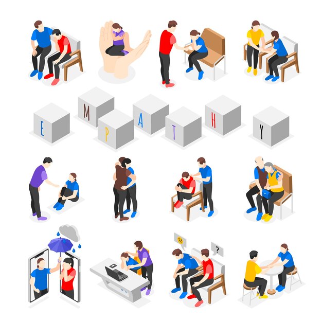 Empathy characters isometric icons set with people consoling sad friends isolated vector illustration