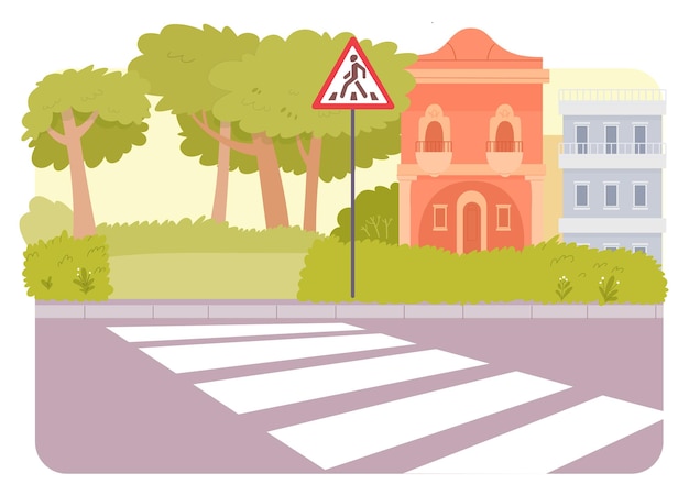 Free vector empty crosswalk with crossroad warning sign intersection way city traffic organization side view on walkway