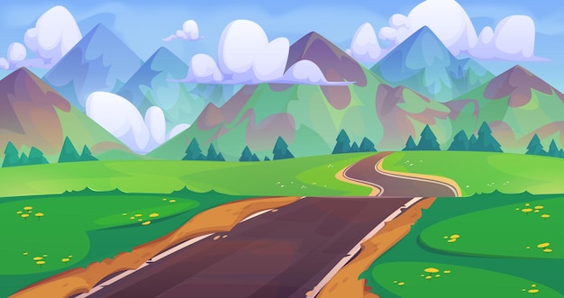 Free vector empty curve road among green trees and mountains