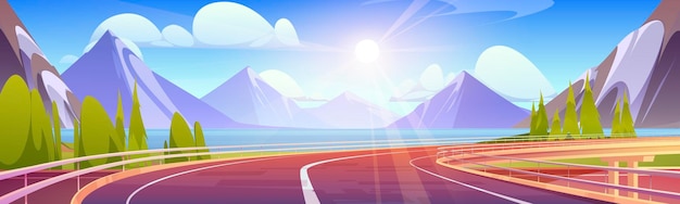 Free Vector empty highway overpass road for expressway sunny morning background with summer landscape with bridge with car freeway forest lake and mountains vector cartoon illustration