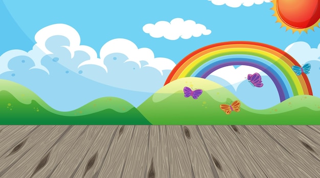 Free vector empty kindergarten room with rainbow in the sky wallpaper