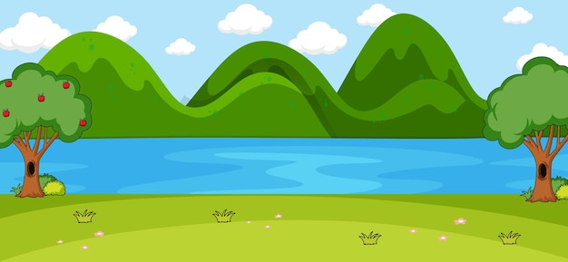 Free Vector empty park scene with river and mountain in simple style