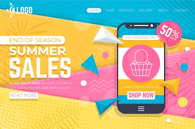 Free vector end of summer sale landing page template with smartphone illustrated