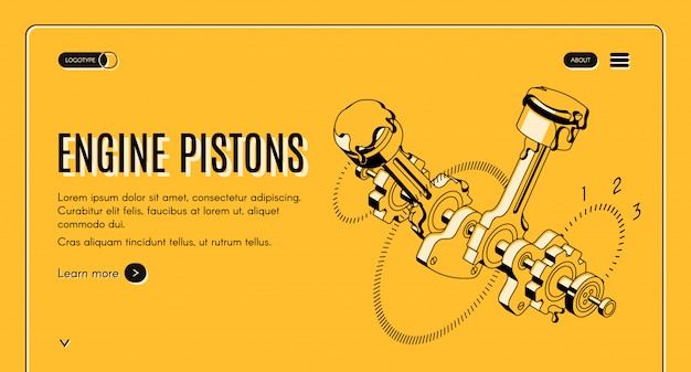 Engine pistons service, repair shop isometric web banner. 