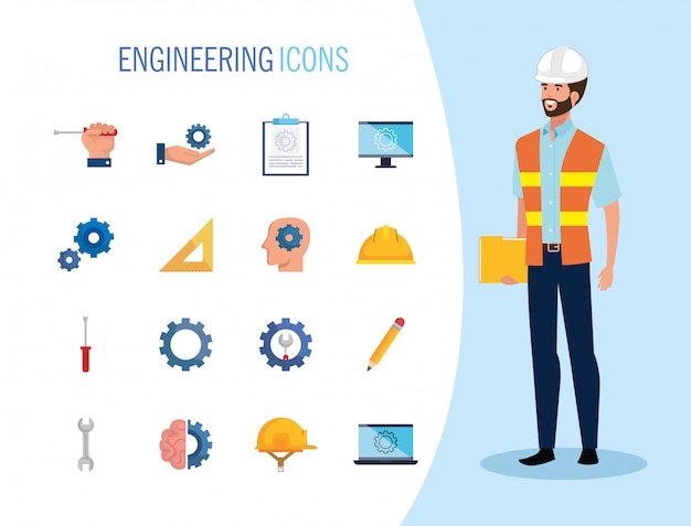 Free vector engineer man with set icons working