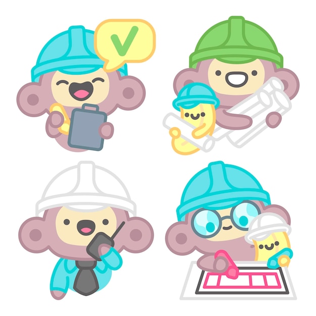 Free vector engineer stickers collection with monkey and banana