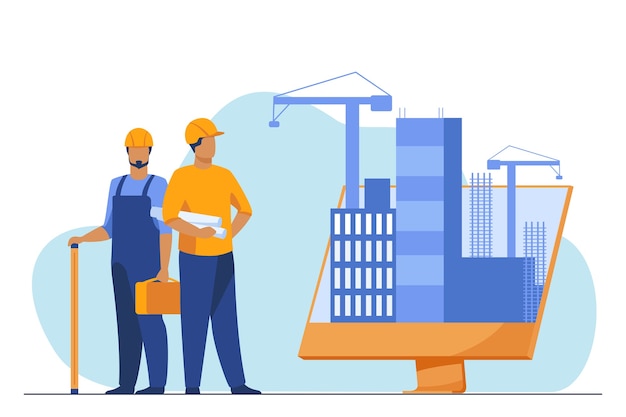 Free vector engineers standing near big monitor with buildings. project, crane, screen flat vector illustration. construction and engineering