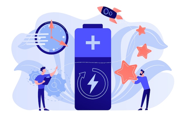 Free Vector engineers with battery charging, clock and stars with rocket. fast charging technology, fast-charge batteries, new battery engineering concept