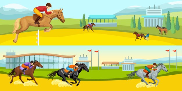 Equestrian Sport Cartoon Horizontal illustrations