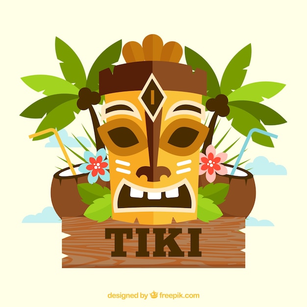 Free Vector ethnic tiki mask with palm trees and coconuts