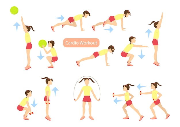 Free vector exercises for kids set workout for girls cardio exercises with weights jumping rope and ball healthy lifestyle for children