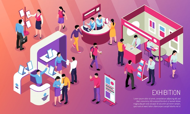 Free Vector exhibition horizontal illustration with visitors  looking at advertised product and consultant characters at expo stands isometric