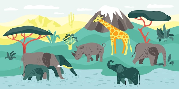 Free vector exotic animals landscape composition