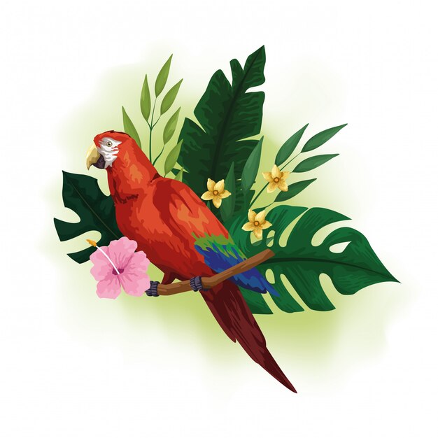 Exotic bird and tropical flowers drawing