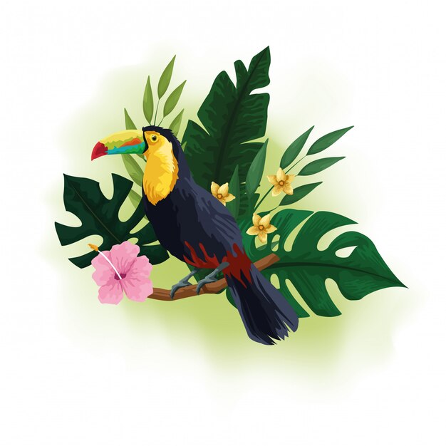 Exotic bird and tropical flowers drawing