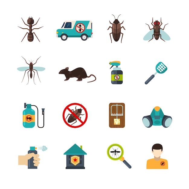 Exterminator Pest Control Flat Icons Set