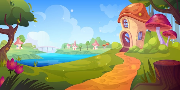 Free vector fairytale village with mushroom houses on green forest glade vector cartoon illustration of footpath running to fantasy dwarf huts with doors and windows bridge across river clouds in blue sky