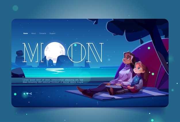 Free vector family on beach enjoying moon light cartoon landing page, mother and little daughter sit on plaid at camp tent on sandy sea shore under fullmoon shining in starry sky, vector illustration, web banner