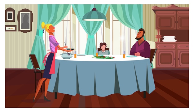 Free vector family having dinner at home illustration