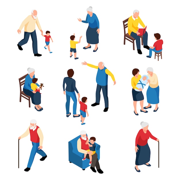 Family isometric set with grandmother and grandfather babysitting their grandchildren isolated