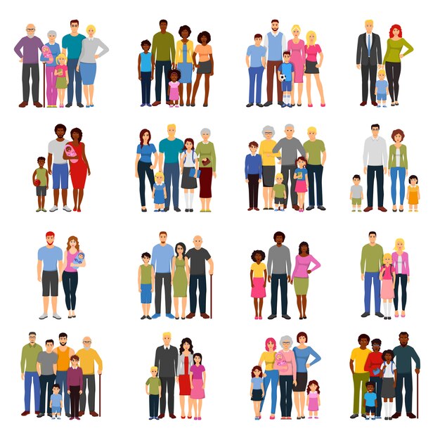 Family Members Groups Flat Icons Set 