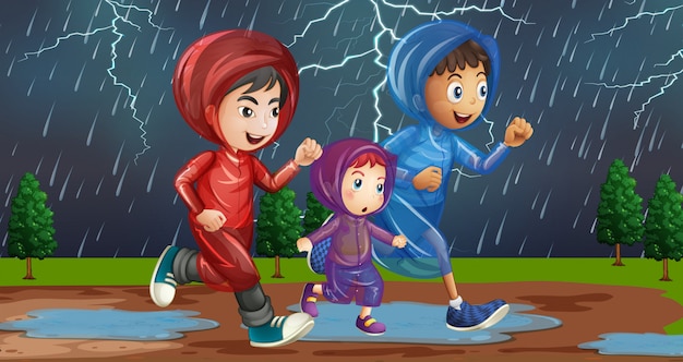 Free Vector family running in the rain