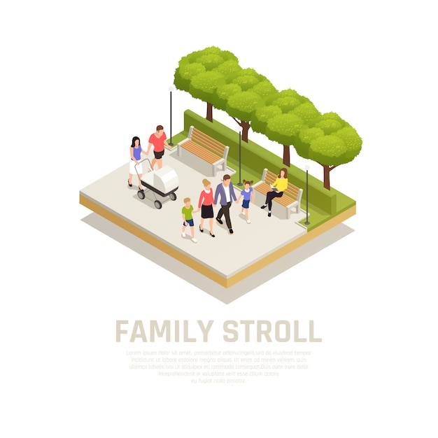 Free Vector family stroll concept with walk in the park in park symbols isometric 