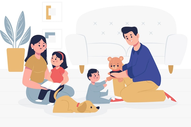 Free Vector family with pets spending time together