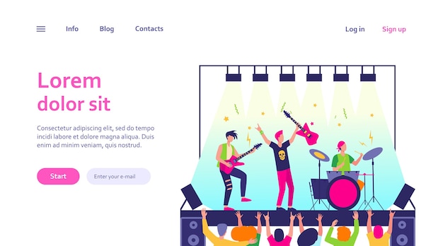 Free vector famous rock band playing music and singing at stage web template. cartoon crowd of people standing near scene and waving hands.